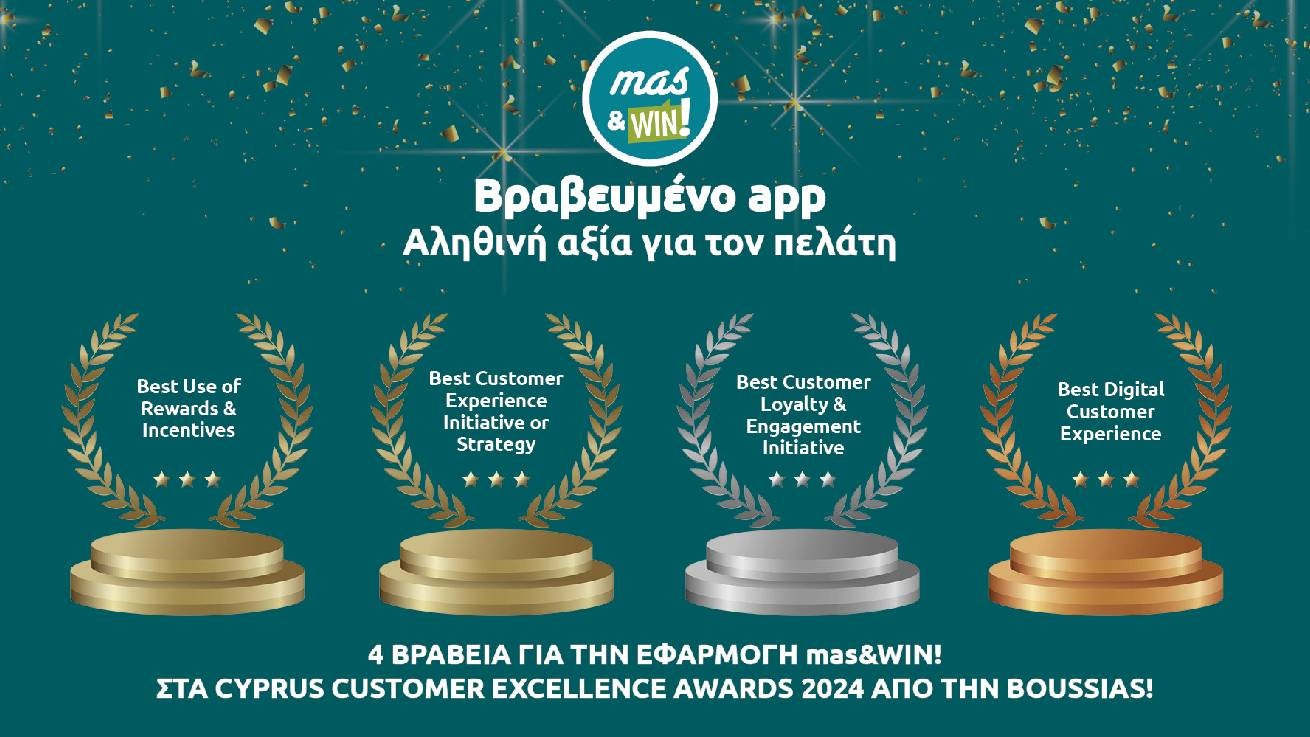 Τέσσερις σημαντικές διακρίσεις για την εφαρμογή “mas&WIN!” του Ομίλου Υπεραγορών Mas στα Cyprus Customer Excellence Awards 2024!